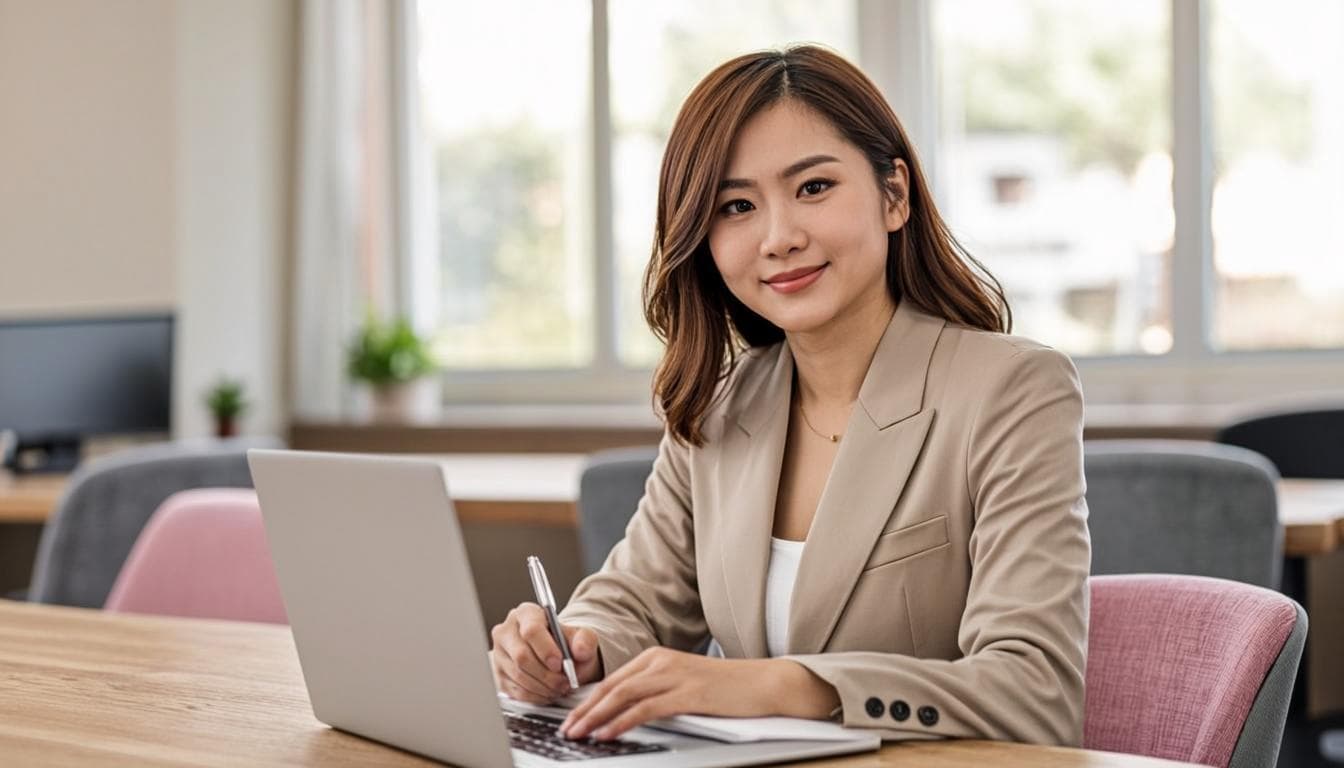 Business educator writing notes at a bright modern office desk