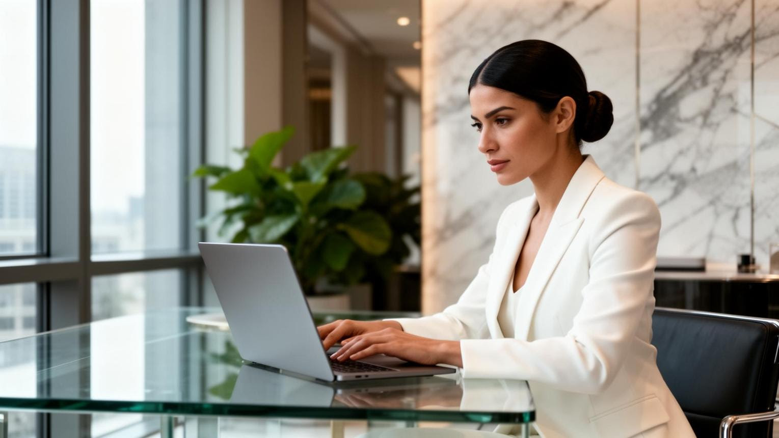 Entrepreneur working on her online business from a bright modern office