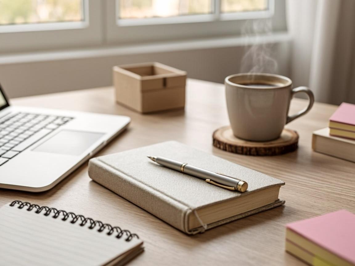 Planner notebook, coffee and laptop on a warm desk